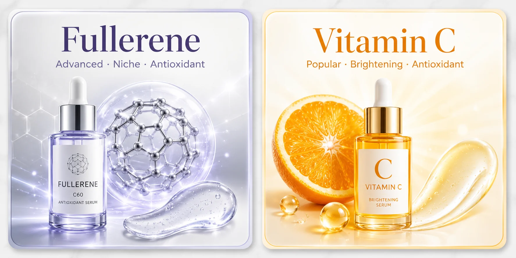 Side-by-side comparison of Fullerene C60 antioxidant serum and Vitamin C brightening serum, emphasizing advanced and popular antioxidant properties.
